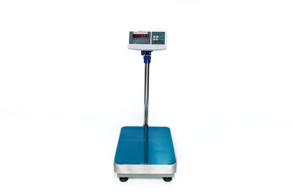 Floor weighing scale with blue platform and digital display on a white background