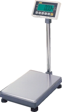 Stainless steel floor scales with a very large LCD display sitting on a white backdrop