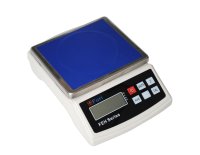 Blue bench scale with one display sitting on a white background