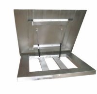 Stainless steel hinged platform on a white background