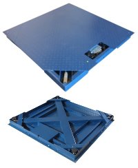 Blue powder coated platform scales pictured on a white background