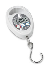 Digital white and grey hanging scale with a silver hook on a white background