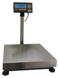 Large floor scale with column and digital indicator photographed on a white background