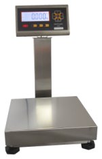 Stainless steel bench scale with column and display sitting on a white background