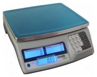 Blue weighing scale with lcd displays sitting on a white background