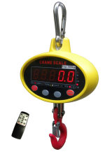 Yellow hanging scale with a red digital display on a white background