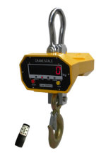 Yellow and black hanging scale with hook and remote control on a white background