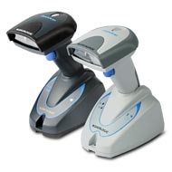 To handheld scanners in bases on a white background