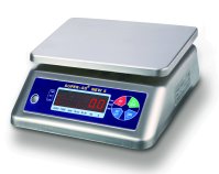 Stainless steel blue bench scale with blue display sitting on a white background