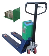 Blue and green pallet truck scale pictured with a removable battery draw