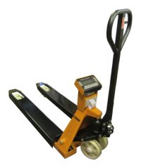 Black and orange pallet truck with digital display to show weight