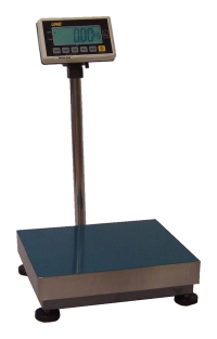 Floor scale with column and digital display photographed on a white backdrop