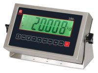 A black and stainless steel weighing indicator with a large green digital display
