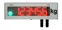 Grey metal weighing indicator with large red digits in the display