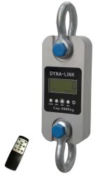 Grey and blue dynomometer with hook at the bottom and top with remote control on a white background