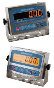 Image of 2 stainless steel digital Indicators with digital displays on a white background