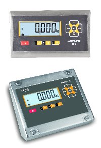 2 digital weighing indicators with orange and red operator buttons pictured on a white background