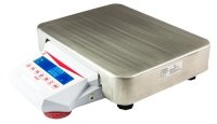 Large laboratory scale with a stainless steel weighing plate and blue LCD on a white background