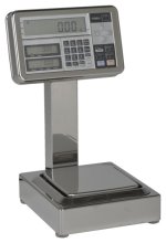 Large stainless steel laboratory scale with a display on top of a column