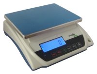 White and blue bench scale and LCD display sitting on a white background
