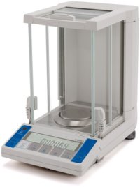 white and blue laboratory scale and analytical balance with circular plate and square windshield