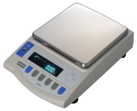 White grey and blue laboratory scale with a bright green display on a white background