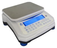 White bench scale with blue LCD display sitting on a white background
