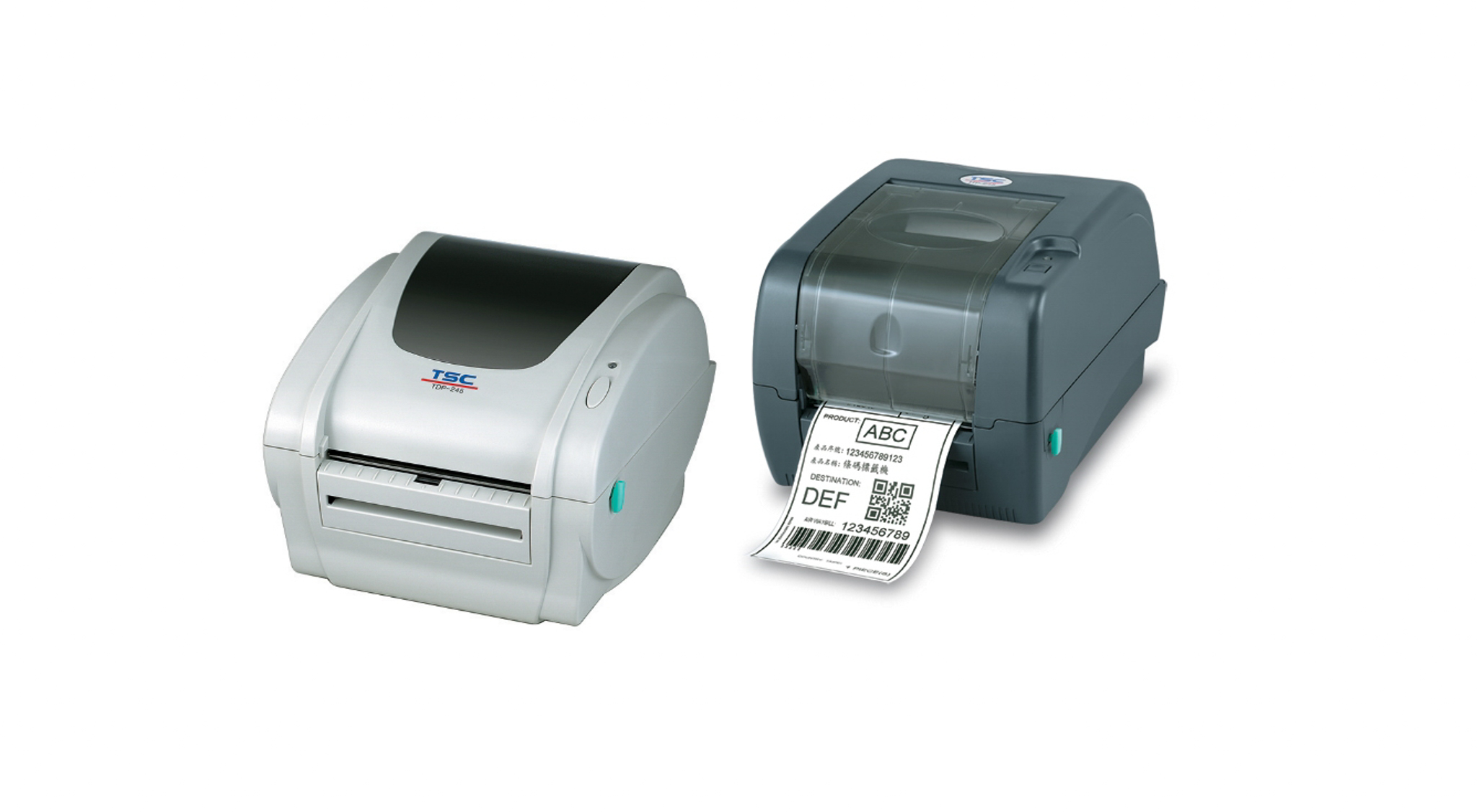 Two grey digital weighing scale printers on a white background