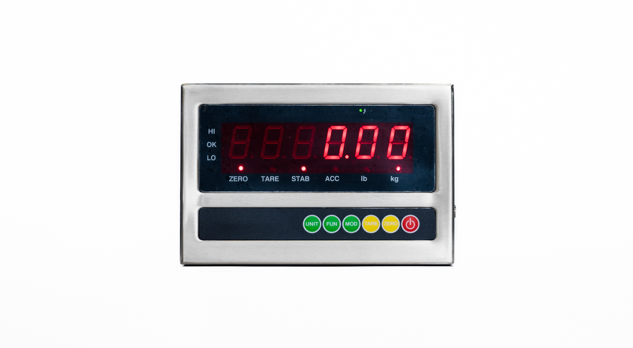 Digital weighing scale indicator sitting on a white background