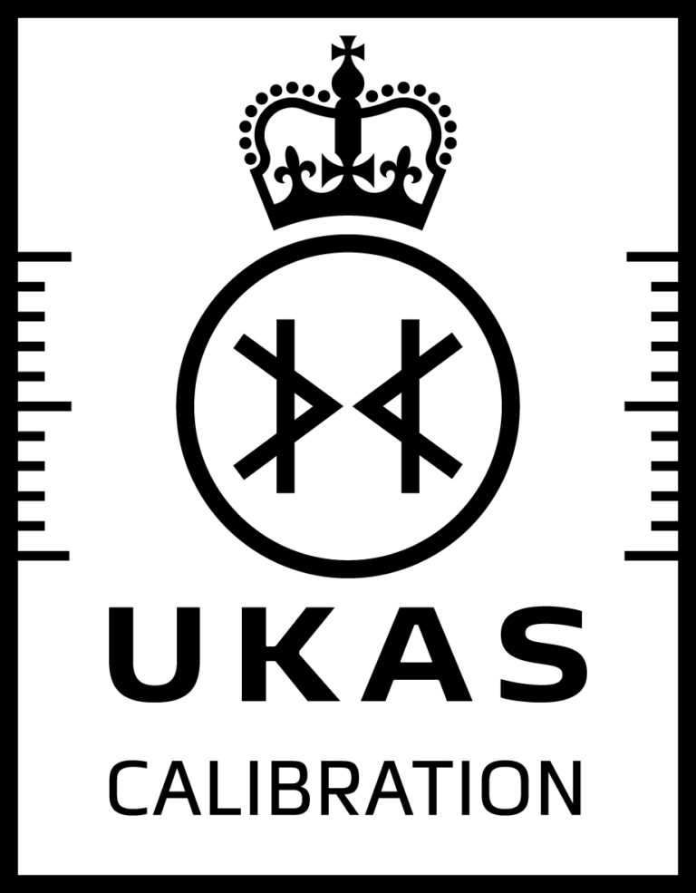 Black and White UKAS Logo which is a circle with a crown on top