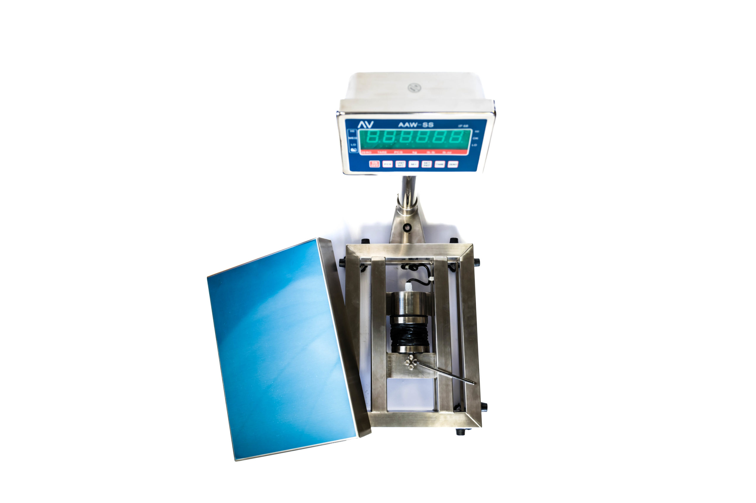 Image of a floor scale on a white background from a birds eye point of view with the platform removed